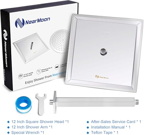 NearMoon Rain Shower Head With Shower Arm, Ceiling Mount Square Shower, Stainless Steel Ceiling Rainfall Showerhead- Waterfall Full Body Coverage (12 Inch, Chrome) - color: Chrome Finish, size: 12 Inch