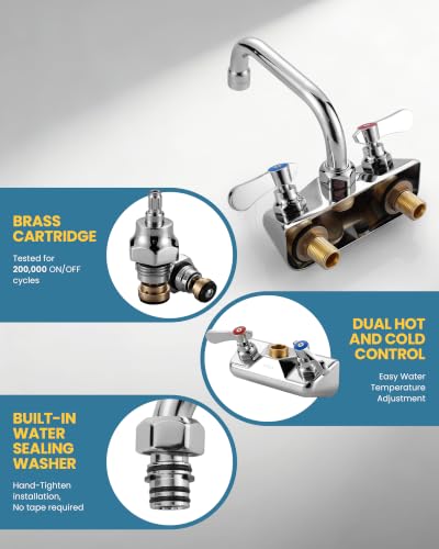 Commercial Hand Sink Faucet: 6" Swivel Spout 4'' Center Wall Mount Utility Faucet, Brass Constructed with 360° Swivel Spout, Dual Lever Handles, Restaurant/Laundry/Bar/RV, Chrome Polished - size: 4"center 6"