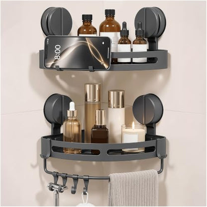 2 Pack No Drill Corner Shower Caddy, Dual-Lock, Towel Bar & Hooks | Suitable for smooth, flat, nonporous surfaces; keeps shampoo, razors, washcloths, and bath tools organized and accessible.