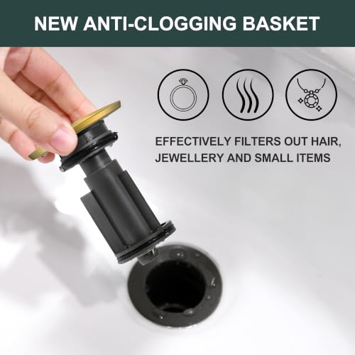 Pop Up Bathroom Sink Drain Without Overflow Brushed Gold Pop Up Drain | Bathroom Vanity Sink Drain Assembly, Built-in Anti-Clogging Strainer, Plastic Pop Up Drain for Bathroom Vanity Vessel Sink - color: Brushed Gold, size: Big Pop up Cap (Without Overflo