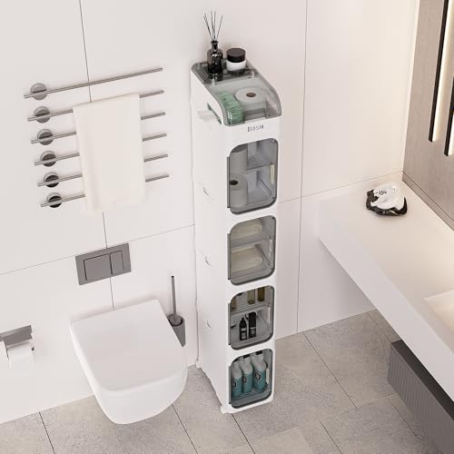 BINSIO 5-Tier Tall Narrow Storage Cabinet, Slim Rolling Storage Cabinet with Clear Doors, Adjustable Shelves, Foldable Organizer for Laundry Room, Kitchen Pantry, Utility Room and Small Spaces - size: 5 Tiers