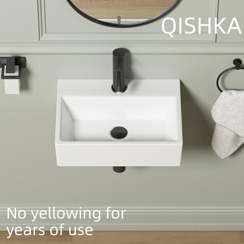 Wall Mounted Bathroom Vessel Sink, QISHKA 19" X 14" Rectangular Floating Ceramic Wash Hand Basin White Wall Hung Vanity Sink for Bathroom and Cloakroom - size: 19.3" x 14" x 5.1"