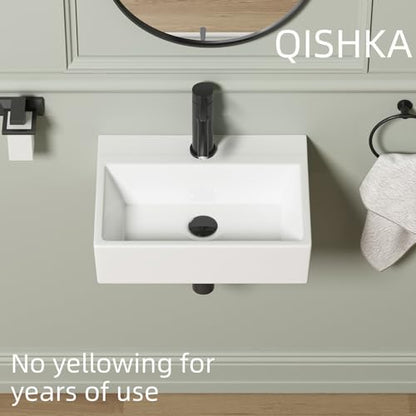 Wall Mounted Bathroom Vessel Sink, QISHKA 19" X 14" Rectangular Floating Ceramic Wash Hand Basin White Wall Hung Vanity Sink for Bathroom and Cloakroom - size: 19.3" x 14" x 5.1"