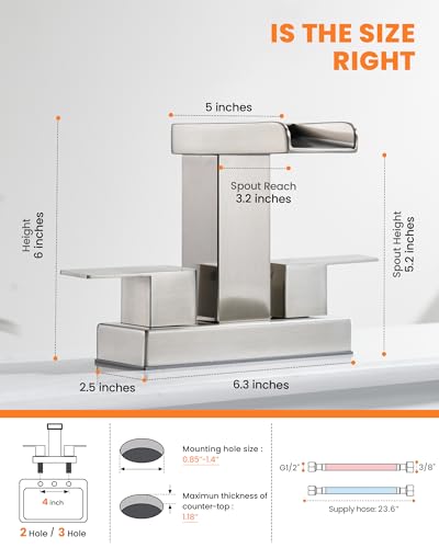 Waterfall Bathroom Faucet for Sink 3 Hole, 4 inch, Brushed Nickel Waterfall Sink Faucets with Pop-up Drain and 2 Supply Hoses, Stainless Steel 2-Handle Centerset Faucet for Sink Vanity, T-6008BN - color: Brushed Nickel