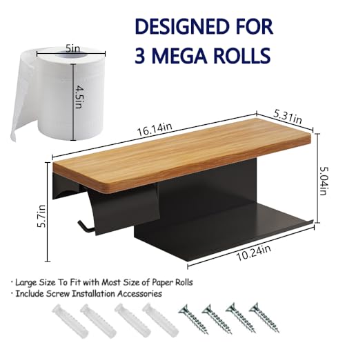 Double Toilet Paper Holder with Wide Solid Wood Shelf | 16" x 5.31" Double Roll Holder Fits Phone & Large Wipes Storage | Rust-Resistant for Rustic Farmhouse Bathrooms Organizer - color: Black