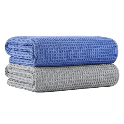 MICROFI New Microfiber Waffle Bath Towels, 2 Pieces, Soft, Absorbent, Fast Drying, Lint Free 430 GSM (30''x60''/76cm x 152cm) - color: Silver+dark Blue