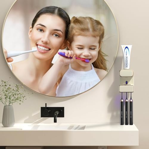 Automatic Toothpaste Dispenser, Electric Toothpaste Dispenser Multi-Function, Toothbrush Cleaner Wall Mounted with 3 Brush Slots, Toothbrush Organizer and Holder for Bathroom (Beige) - color: White
