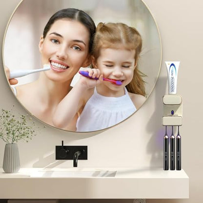 Automatic Toothpaste Dispenser, Electric Toothpaste Dispenser Multi-Function, Toothbrush Cleaner Wall Mounted with 3 Brush Slots, Toothbrush Organizer and Holder for Bathroom (Beige) - color: White