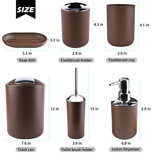 Compact 6-Piece Plastic Bathroom Accessories Set with Small Trash Can, Soap Dispenser, Toothbrush Holder, Cup, Soap Dish, Toilet Brush for Guest Bathroom Dorm Apartment (Coffee) - color: Coffee