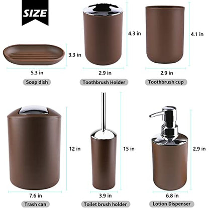 Compact 6-Piece Plastic Bathroom Accessories Set with Small Trash Can, Soap Dispenser, Toothbrush Holder, Cup, Soap Dish, Toilet Brush for Guest Bathroom Dorm Apartment (Coffee) - color: Coffee