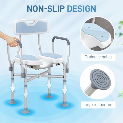 HOMCOM Padded Shower Chair with Arms and Back for Seniors, Light Blue | HDPE, Adjustable Height, Anti-slip, Tool-Free Assembly, Bath Seat, Shower Bench, for Disabled