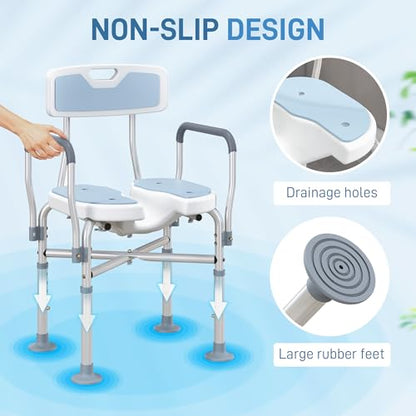 HOMCOM Padded Shower Chair with Arms and Back for Seniors, Light Blue | HDPE, Adjustable Height, Anti-slip, Tool-Free Assembly, Bath Seat, Shower Bench, for Disabled
