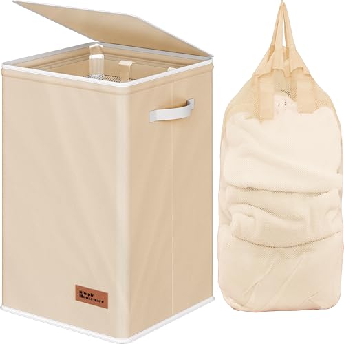 Simple Houseware Foldable Laundry Hamper Basket with Lid and Bag, Beige | Heavy Duty 600D Polyester, Water-Resistant Surface - color: Beige