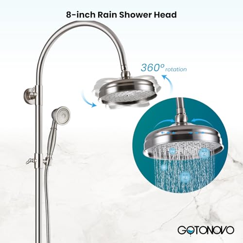 gotonovo Exposed Shower Faucet Set with Tub Spout Brushed Nickel | Brass Bathroom Shower System,8 Inch Rainfall Head with Handheld Spray and Tub Filler,Adjustable Height,6’’ Hole Distance - color: Nickel