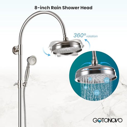 gotonovo Exposed Shower Faucet Set with Tub Spout Brushed Nickel | Brass Bathroom Shower System,8 Inch Rainfall Head with Handheld Spray and Tub Filler,Adjustable Height,6’’ Hole Distance - color: Nickel