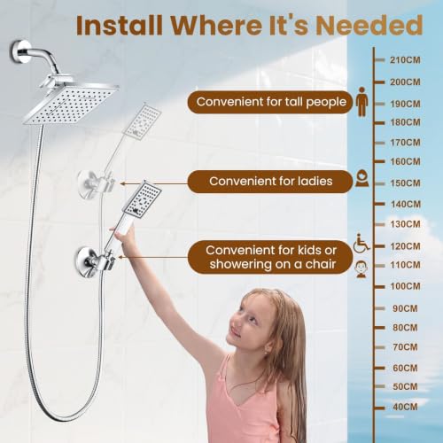 BRIGHT SHOWERS Rain Shower Head with Handheld Spray, 8 Inch High Pressure Rainfall Shower Head Combo with 60” Hose, Adjustable Dual Square Showerhead with 3-Way Diverter, Wall Bracket, Chrome - color: Chrome, style: Dual Shower Head