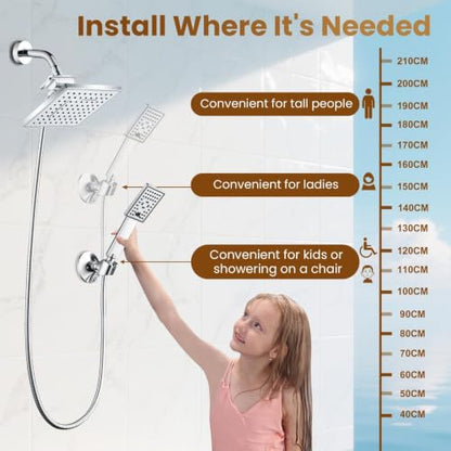 BRIGHT SHOWERS Rain Shower Head with Handheld Spray, 8 Inch High Pressure Rainfall Shower Head Combo with 60” Hose, Adjustable Dual Square Showerhead with 3-Way Diverter, Wall Bracket, Chrome - color: Chrome, style: Dual Shower Head