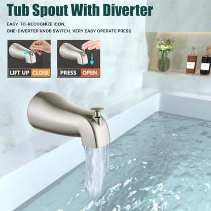 Heyalan 6 Inch Shower Set with Tub Spout and Valve,Brushed Nickel | 6-inch square rainfall head, tub spout with diverter, male-thread rough-in valve, single-handle control and wall-mount design - color: Brushed Nickel, size: 6 Inch Square Shower Head