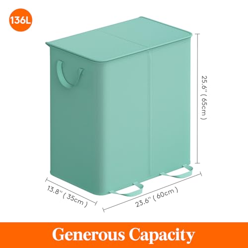 Lifewit Double Laundry Hamper with Lid and Removable Laundry Bags, Large Collapsible 2 Dividers Dirty Clothes Basket with Handles for Bedroom Laundry Room Closet Bathroom College, 136L Sage Green - color: Sage Green, size: 136L