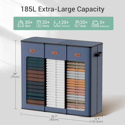 185L Laundry Hamper 3 Section with Lid, Navy Blue 3 Compartment Laundry hamper with 3 Removable Laundry Bags, Large Laundry Basket for Bedroom, Laundry Room, Dorm, - color: Navy Blue