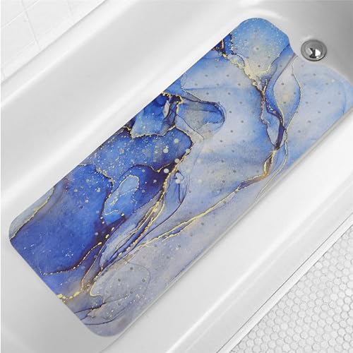 Blue Bathtub Mat Non Slip Marble Gold Line Extra Long Bath Mat for Tub Abstract Art Anti Slip Shower Mat for Bathroom with Large Drain Holes and Suction Cups Quality Bath Mats and Bathtub Decor 40x16 - color: Blue Marble, size: 40" x 16" (Rectangular)