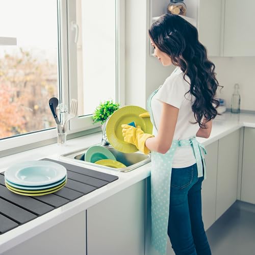 Large Stone Dish Drying Mat for Kitchen Counter, 24''x16'' Quick Dry Stone Dishes Mat, Foldable & Absorbent Diatomaceous Earth Dish Dryer Pad (Grey)