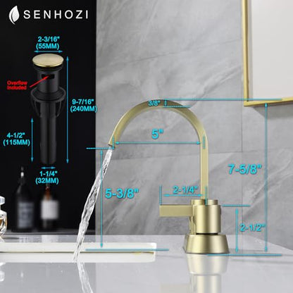 Gold Bathroom Faucet Centerset, 4 Inch Bathroom Sink Faucet 3 Hole | Waterfall Spout, 360 Degree Swivel, with Overflow Pop up Drain, Brushed Gold Bathroom Faucet - color: Brushed Gold