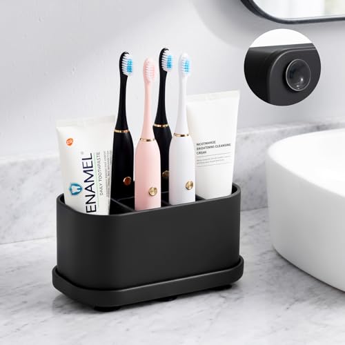 Luxspire Toothbrush Holders for Bathrooms, Silicone, 5 Slots, Black | Toothbrush Organizer with Suction Cup Tray, Toothbrush Holder with Drainage for Bathroom Countertop - color: Black