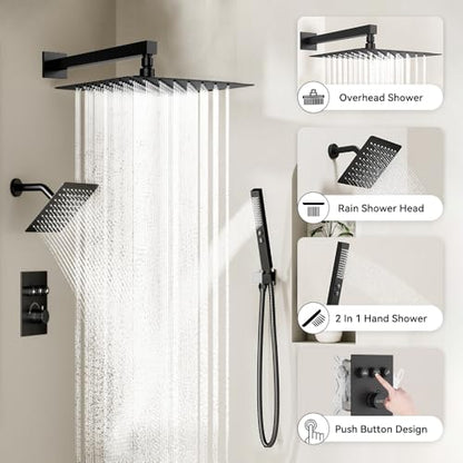 Thermostatic Shower System Matte Black, STARBATH Shower Faucets Sets 12+ 6" Wall Mount Rain Shower and 2 in 1 Handhled, Can Use All at Once, Push Button 3 Modes Valve and Trim Kit Complete Shower Set - color: Matte Black, size: 6+12 inch-12