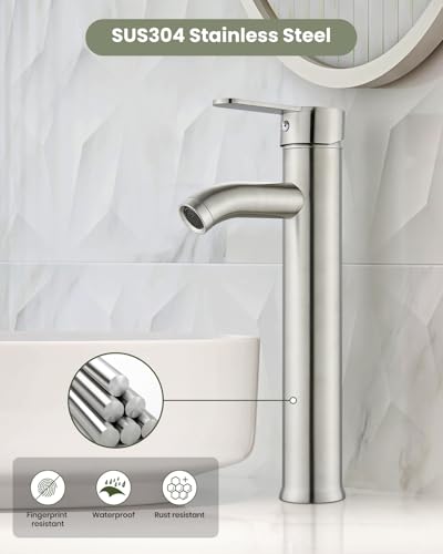 gotonovo Bathroom Vessel Sink Faucet Metal Pop Up Drain, Brushed Nickel | Tall Bathroom Faucet 1 Hole Single Handle Modern Round Body, cUPC Water Supply Hoses, for Basin Vanity Lavatory Restroom Rv - color: Nickel