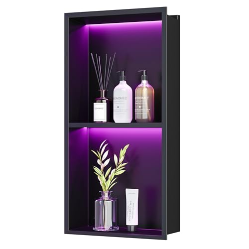 2-Tiers 12x24 Shower Niche, RGB LED Light Strips, Matte Black Wall Cabinet Shlef, Stainless Steel NO Tile Needed Recessed Wall Niche for Bathroom Storage Organizer - color: Matte Black, size: 12X24In