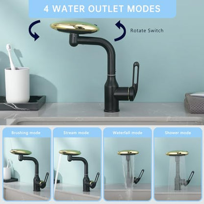 Single Hole Rotatable Bathroom Sink Faucet Black and Gold - 4 Water Modes Multifunctional Faucet with 360° Swivel, Extended Spout & Fountain Mode - color: Black and Gold