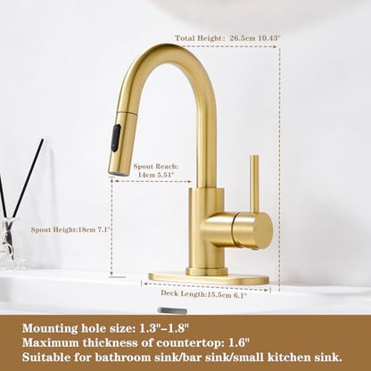 Gold Bathroom Sink Faucet with Pull Down Sprayer | 2 Mode Sprayer, with Deck Plate for 1 or 3 Hole, 360° Swivel, with Pop Up Drain for Vanity Bar RV Basin Laundry - color: Brushed Gold