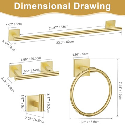 Brushed Gold Bathroom Hardware Towel Bar Set, 5 Pieces Double Dase Toilet Paper Holder Towel Holder Set, 23.6 Inch Stainless Steel Towel Rack for Bathroom Wall Mount - color: Brushed Gold, size: 5pieces B
