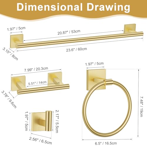 10 Pieces Brushed Gold Towel Bar Set, Double Dase Toilet Paper Holder Bathroom Hardware Set, 23.6 Inch Stainless Steel Towel Rack for Bathroom Wall Mounted - color: Brushed Gold, size: 10pieces B