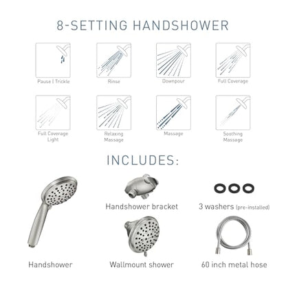 Moen Attune Dual Shower Head with Handheld Sprayer Combo, 6 Handheld Spray Settings & 8 Function Shower Head, Spot Resist Brushed Nickel Finish, 218C0SRN - color: Brushed Nickel
