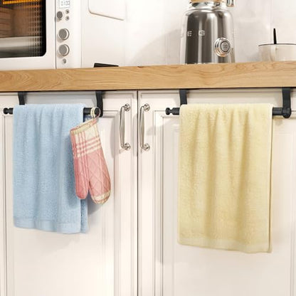 STWWO Over Cabinet Towel Holder with Hooks, 2 Pack Black Bars for Kitchen | Stainless Steel Over The Cabinet Towel Rack Bars, Dish Towel Holder for Kitchen Cabinet Doors - color: Black
