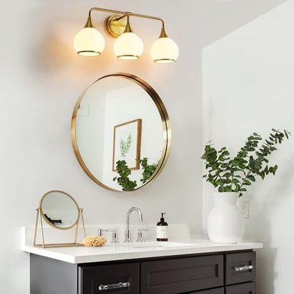 Brushed Gold Bathroom Light Fixtures 3-Lights Vanity Lights with Milky White Frosted Glass Shade Bathroom Vanity Light 22.4 inch Wall Sconce Lighting Bath(Exclude E26 Bulb) - color: Gold & Milky White, size: 3 Light