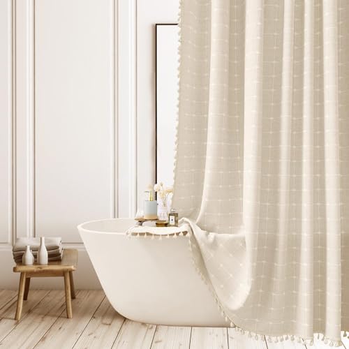 Boho Beige Striped Shower Curtain Farmhouse Polyester- linen Neutral Shower Curtains for Bathroom,Country Heavy Duty Bathroom Curtain Set with Tassel - Bohemian Cloth Shower Curtain 71x71 Inch - color: Cream, size: 71"W x 71"L (Pack of 1)