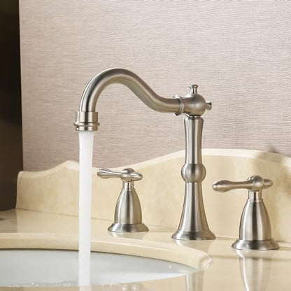 Brushed Nickel 3 Hole Bathroom Faucet, Widespread Antique Bathroom Sink Faucet with Pop Up Drain and cUPC Supply Hose, Modern 2 Handle Modern Brushed Sink Faucet Bathroom JXM3073BN - color: Brushed Nickel