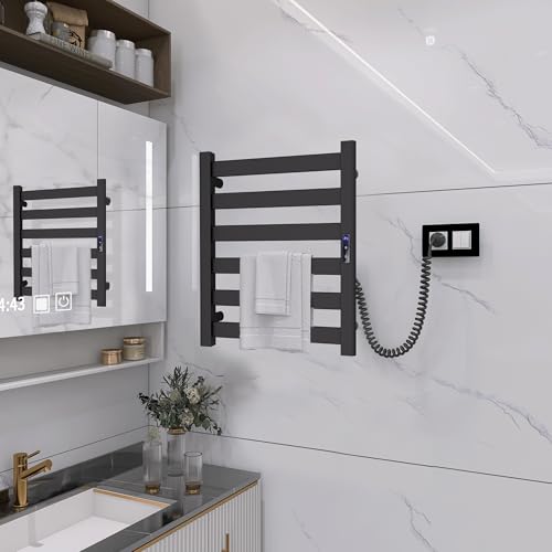 6-Bar Wall Mounted Towel Warmer Rack, Electric Heated Towel Rack for Bathroom, Fast Heating & Constant Temperature, Built-in Timer & Adjustable Temp, Plug-in, Matte Black - color: Black, size: 6-Bars