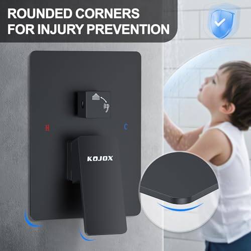 KOJOX Matte Black Ceiling Shower Fixture with 12 Inch Rainfall Shower head and Handheld Head, Bathroom Shower Faucet Set Trim Kit with Mixer Valve - color: Matte Black, size: 12 Inch-Square