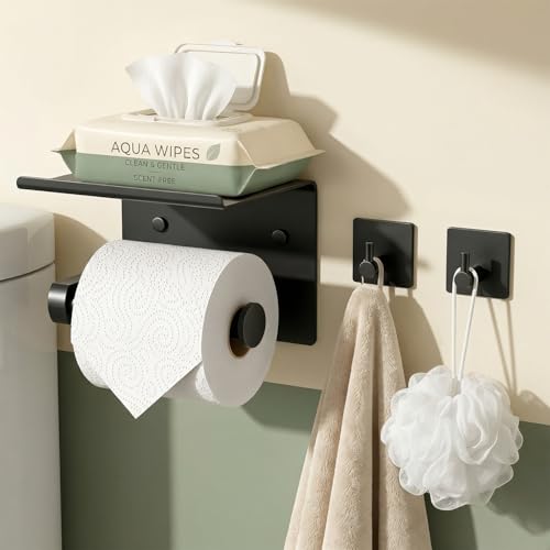 Tindbea Toilet Paper Holder Wall Mount + Towel Robe Hooks, Adhesive or Screw Wall Mounted Toilet Paper Roll Holder with Shelf, Stainless Steel Bathroom Organizers and Storage Kit (Matte Black) - color: Matte Black, size: Regular