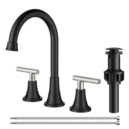 FORIOUS 8Inch Widespread Brushed Nickel and Black Bathroom Faucet 3 Holes | 8 Inch Widespread Bathroom Faucet 3 hole Vanity and 4 Inch Bathroom Faucet Centerset 2 Hole for B2B Commercial, Spare Aerator - color: Black&Stainless Steel, style: Modern