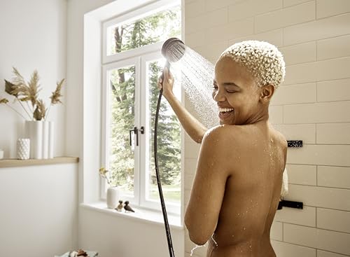 hansgrohe Pulsify S 1-Spray Handshower with Slide Bar and Hose, PowderRain, IntenseRain, Pulsating Massage, in Matte Black, 24161671 - color: Matte Black, size: 2.5 GPM, style: Wallbar with 4-inch Handheld Showerhead and Hose