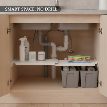 Adjustable Telescopic Tension Shelf for Under Sink Storage, No-Drill PP Plastic Cabinet Organizer Rack, White (1 Pack) - size: 14.84 x 4.72 x 0.71 in