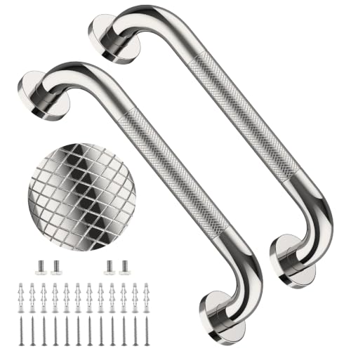 12 Inch Anti Slip Shower Grab Bar,YuanDe Polished Chrome Bath Grab Bar | Stainless Steel Knurled Bathroom Safety Rail,Shower Handrail Support, Handicap Elderly Balance Assist Handles-1" Diameter - color: Chrome, size: 12inch-2Pack