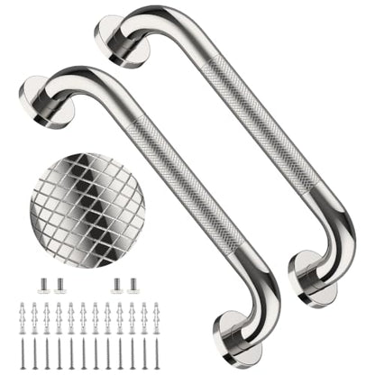 12 Inch Anti Slip Shower Grab Bar,YuanDe Polished Chrome Bath Grab Bar | Stainless Steel Knurled Bathroom Safety Rail,Shower Handrail Support, Handicap Elderly Balance Assist Handles-1" Diameter - color: Chrome, size: 12inch-2Pack