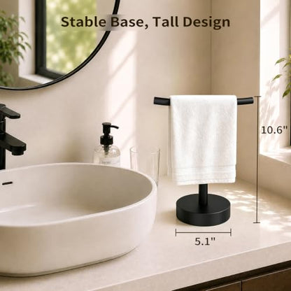Hand Towel Holder Stand, Matte Black, 10.6" Height | Freestanding T-Shape Towel Rack, Weighted Base, For Bathroom & Kitchen - size: 10.6" Height