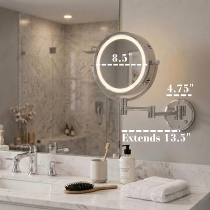 JERDON Hardwired Wall-Mount Makeup Mirror - 8X/1X - Chrome - HL88CLD | 8.5" Round Frame, 13.5" Wall Arm, LED Lighting, Direct Wire Installation - color: Chrome Direct Wire